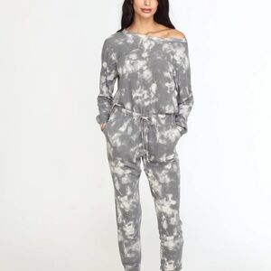 Peyton Jensen Tessa Jumpsuit Gray Tie-Dye Long Sleeve Lounge Romper Large